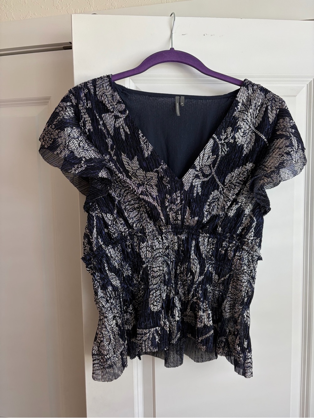 Anthropologie Navy Blue Metallic Floral V-Neck Blouse
